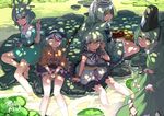  barefoot blue_eyes dappled_sunlight dress earmuffs ghost_tail green_dress green_eyes green_hair hat japanese_clothes kaku_seiga lily_pad looking_at_viewer miyako_yoshika mononobe_no_futo multiple_girls open_mouth ponytail realmbw short_hair sitting skirt smile soaking_feet soga_no_tojiko star sunlight tate_eboshi touhou toyosatomimi_no_miko tree_shade water 