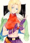  abs adjusting_clothes adjusting_gloves agahari bare_shoulders belt blonde_hair blue_eyes blue_mary breasts crop_top fatal_fury fingerless_gloves gloves jacket_on_shoulders large_breasts looking_at_viewer loose_belt midriff muscle short_hair smile solo straight_hair the_king_of_fighters 
