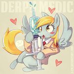  amber_eyes blonde_hair clothing coat derpy_hooves_(mlp) english_text equine female feral friendship_is_magic fur grey_fur hair horse long_hair mammal medic my_little_pony necktie needle open_mouth pegasus pony shirt smile solo space-kid syringe text tongue wings yellow_eyes 
