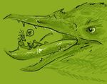  anthro anthro_on_feral beak bestiality dialog feral green_background green_eyes green_feathers green_theme green_tongue interspecies masturbation open_mouth plain_background reclining size_difference techno techno_(artist) text vorarephilia vore 