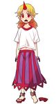  ankle_cuffs arms_behind_back barefoot blonde_hair cuffs fang flat_chest full_body geta horn hoshiguma_yuugi long_hair long_skirt pointy_ears red_eyes shackles shirt shoes single_shoe six_(fnrptal1010) skirt solo striped t-shirt touhou vertical_stripes younger 