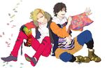 :d adam's_apple ankh_(ooo) arm_around_waist asymmetrical_hair bad_id bad_pixiv_id black_hair blonde_hair boots boxers chain flipped_hair funpjinju fur_trim hino_eiji jacket kamen_rider kamen_rider_ooo_(series) legs_folded looking_at_another male_focus male_underwear medal multiple_boys no_eyebrows open_clothes open_jacket open_mouth pants red_eyes scarf shirt sitting smile t-shirt torn_clothes torn_pants underwear white_background 