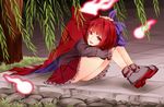  bow cape disembodied_head open_mouth red_eyes red_hair rock sekibanki short_hair sigiri smile touhou willow 