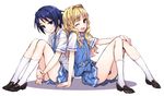  ;d back-to-back blonde_hair blue_eyes blue_hair cross_channel hair_intakes loafers long_hair looking_at_viewer matsuryuu multiple_girls necktie one_eye_closed open_mouth sakura_kiri school_uniform shoes short_hair short_sleeves sitting smile white_legwear yamanobe_miki yellow_eyes 