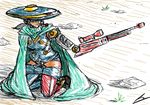  amputee bandaid bandaid_on_nose borockman cape countershade_(mighty_no._9) dart genderswap gun hat hat_over_one_eye kneeling mighty_no._8 mighty_no._9 missing_limb mouth_hold ponytail rifle robot sketch sniper_rifle solo sombrero weapon 