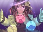  brown_hair capelet clasp dress drill_hair flower gloves hair_flower hair_ornament lely light_beam light_particles light_smile lips looking_at_viewer original outstretched_arms purple_background purple_eyes short_hair solo sugar_satellite touhou 