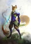  alectorfencer anthro armor canine fox glowing leaf magic male mammal solo tattoo warrior 