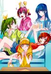  aoki_reika blonde_hair blue_hair blush bow candy_(smile_precure!) couch glass green_eyes green_shirt hairband hino_akane_(smile_precure!) hoshizora_miyuki kise_yayoi long_hair looking_at_viewer midorikawa_nao multiple_girls open_mouth pink_bow ponytail precure red_hair shirt short_hair sitting sitting_on_person skirt sleeves_rolled_up smile smile_precure! tima tray white_hairband 