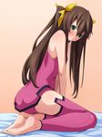  1girl barefoot blush brown_hair feet green_eyes hair_ribbon huang_lingyin infinite_stratos long_hair ribbon soles toes twintails 