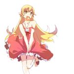  bad_id bad_pixiv_id bare_shoulders blonde_hair blush blush_stickers doughnut dress flat_chest food long_hair monogatari_(series) mouth_hold off_shoulder oshino_shinobu pointy_ears sandals sketch solo strap_slip ume_(plumblossom) yellow_eyes 