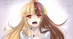 1girl blonde_hair blue blue_hair brown brown_hair clothed coat crown female food fruit galaco hands headshot jacket multicolored_hair open_mouth orange orange_eyes pink pink_hair sad solo tears vocaloid white yellow 