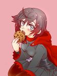  black_hair breasts cape chocolate_chip_cookie cookie eating food looking_at_viewer medium_breasts mijinko_(83nabe) open_mouth pantyhose ruby_rose rwby short_hair simple_background solo 