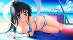  arm_support bangs bare_legs bare_shoulders beach bikini black_hair blue_bikini blue_eyes blush breasts cleavage cloud collarbone day floral_print hair_ornament highres large_breasts long_hair looking_at_viewer lying magical_marriage_lunatics!! mitsu_no_tama_yori_hime navel o-ring o-ring_bottom on_side outdoors ponytail sky smile solo swimsuit thermos thigh_gap very_long_hair wet yamakaze_ran 