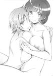  absurdres bakemonogatari blush breast_press breasts greyscale hanekawa_tsubasa highres hug large_breasts looking_at_viewer monochrome monogatari_(series) multiple_girls mytyl nipples scan senjougahara_hitagi short_hair yuri 