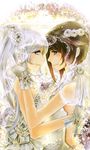  blue_eyes dress eye_contact flower gloves highres long_hair looking_at_another milucky multiple_girls red_hair ruby_rose rwby short_hair smile tearing_up veil wedding_dress weiss_schnee white_hair wife_and_wife yuri 