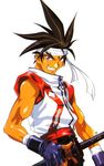  1boy 90s bandanna battle_arena_toshinden eiji_shinjo fangs game headband katana kotobuki_tsukasa official_art red_eyes smile solo sword takara toushinden weapon 