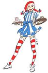  alternate_costume braid cosplay dress food french_fries hamburger jinx_(league_of_legends) league_of_legends leng_wa_guo mascot red_eyes red_hair ribbon smirk soft_drink solo striped striped_dress striped_legwear thighhighs tongue tongue_out twin_braids wendy's wendy_(wendy's) 