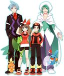  3boys aqua_eyes aqua_hair ascot bandana bike_shorts blue_eyes brown_eyes brown_hair cape cloak closed_eyes collarbone commentary_request fingerless_gloves formal gen_3_pokemon gloves grin gum_(gmng) hand_in_pocket hand_on_hip hand_on_shoulder haruka_(pokemon) hat height_difference looking_at_viewer looking_down mikuri_(pokemon) mudkip multiple_boys nose_bubble open_mouth outline parted_lips poke_ball pokemon pokemon_(creature) pokemon_(game) pokemon_rse simple_background sleeping smile standing suit torchic treecko triangle_mouth tsuwabuki_daigo white_background yuuki_(pokemon) 