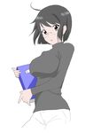  black_hair blush book breasts brown_eyes glasses large_breasts looking_at_viewer open_mouth servant_x_service short_hair simple_background solo suzune_(smiley25) sweater yamagami_lucy 