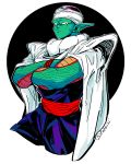  alien belt big_ears border cape clothed clothing crossed_arms dragon_ball green_skin humanoid kokusoji namekian not_furry pants piccolo pointy_ears shirt signature solo turban white_border wristband 