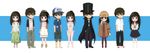  5girls :d absurdres bad_id bad_pixiv_id bikini black_hair casual chitanda_eru detective green_eyes hat highres hyouka kimi_ni_matsuwaru_mystery long_hair magnifying_glass monocle multiple_boys multiple_girls multiple_persona open_mouth oreki_houtarou purple_eyes ryoutan school_uniform serafuku short_hair smile swimsuit top_hat tuxedo 