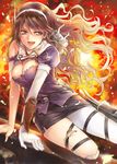  ashigara_(kantai_collection) blush breasts brown_eyes brown_hair cannon damaged elbow_gloves fire gloves hair_ornament hairband highres kantai_collection large_breasts lips long_hair open_mouth pantyhose skirt smile solo torn_clothes torn_legwear turret white_legwear yakusa 