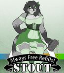  anthro beverage cleavage clothed clothing corset cum dickgirl dripping drmellbourne english_text flaccid green_eyes hair intersex legwear mammal penis pose raccoon skirt solo standing stockings text 