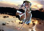  backpack bag barefoot blue_eyes blue_hair cloud hand_in_hair hat kawashiro_nitori lake long_sleeves looking_at_viewer one_eye_closed shallow_water shirt skirt skirt_set sky smile solo splashing sunset touhou tree two_side_up wading water wind yuugo_(atmosphere) 