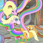  avian blonde_hair canine dog duck equine erection ethel_rainicorn eyewear female glasses group group_sex hair horn interspecies jake_the_dog lady_rainicorn male mammal penis rainbow sex smile straight threesome unicorn 