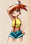  bleedman blue_eyes commentary crop_top crop_top_overhang english_commentary hand_on_hip kasumi_(pokemon) looking_at_viewer midriff navel orange_hair poke_ball pokemon pokemon_(anime) short_shorts shorts side_ponytail smile solo suspenders 