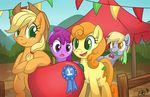  apple applejack_(mlp) berry_punch_(mlp) blonde_hair carrot_top_(mlp) cherry cowboy_hat cutie_mark derpy_hooves_(mlp) equine female feral first_place forest freckles friendship_is_magic fruit fur green_eyes grey_fur group hair hat horse long_hair looking_back mammal my_little_pony oemilythepenguino open_mouth orange_fur orange_hair outside pegasus pink_hair pony purple_eyes purple_hair ribbons smile tongue tree wings yellow_eyes 