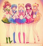  ;d aino_minako back_bow bare_legs bishoujo_senshi_sailor_moon black_hair blonde_hair blue_choker blue_eyes blue_footwear blue_hair blue_sailor_collar blue_skirt boots bow brooch brown_hair choker clenched_hand closed_eyes copyright_name double_bun elbow_gloves full_body gloves green_choker green_eyes green_footwear green_sailor_collar green_skirt hair_bobbles hair_bow hair_ornament half_updo happy hino_rei holding_hands inner_senshi jewelry kino_makoto knee_boots long_hair magical_girl mizuno_ami multiple_girls one_eye_closed open_mouth orange_choker orange_sailor_collar orange_skirt pink_bow ponytail purple_eyes red_bow red_choker red_sailor_collar red_skirt ribbon sailor_collar sailor_jupiter sailor_mars sailor_mercury sailor_moon sailor_moon_musical sailor_senshi_uniform sailor_venus saki_(hxaxcxk) sepia_background shoes short_hair skirt smile standing strappy_heels tiara tsukino_usagi twintails v white_gloves 