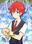  1boy acceptor bangs blue_eyes collared_shirt comic heterochromia hibiki_yuuta looking_at_viewer male_focus narashikatanai necktie pikacyu-26 red_hair red_neckwear school_uniform shirt short_hair short_sleeves solo ssss.gridman waistcoat white_shirt wing_collar yellow_eyes 