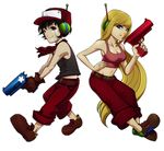  1girl android back-to-back baseball_cap belt black_hair blonde_hair blue_eyes breasts curly_brace doukutsu_monogatari finger_on_trigger gloves gun hand_on_hip handgun hat long_hair midriff navel neckerchief pants pants_rolled_up pistol quote red_eyes robot_ears shoes short_hair suguro tank_top transparent_background very_long_hair weapon 