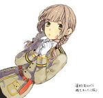  belt braid brown_hair buttons copyright_request cowboy_shot drawr dutch_angle gloves hair_tie hands_together lililalaus looking_at_viewer military military_uniform simple_background solo text_focus twin_braids uniform white_background white_gloves yellow_eyes 