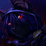  abstract_background black_fur black_nose blue_hair blue_markings blue_sclera bust clothing feline female fur glowing glowing_eyes hair hi_res hood looking_at_viewer male mammal markings portrait ratte red_eyes solo yagarai 