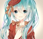  aqua_eyes aqua_hair hat hatsune_miku long_hair mamu ribbon smile solo twintails vocaloid 
