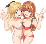  bad_id bad_pixiv_id bikini blonde_hair blue_eyes breast_press breasts brown_hair charlotte_e_yeager cleavage goji_(five_clock) katharine_ohare long_hair medium_breasts multiple_girls one_eye_closed ponytail smile strike_witches swimsuit symmetrical_docking waving world_witches_series 