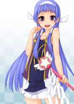  1girl bangs blue_hair blunt_bangs blush hair_tubes hairband highres kannagi long_hair looking_at_viewer nagi pleated_skirt purple_eyes skirt smile solo wand white_skirt 