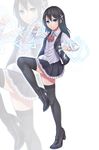  ascot bad_id bad_pixiv_id black_hair black_legwear blue_eyes blush electricity fighting_stance hair_ornament leg_up loafers long_hair long_sleeves original ray-akila ray_littlechamber shoes skirt smile solo standing standing_on_one_leg thighhighs vest zettai_ryouiki zoom_layer 