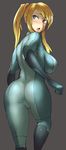  ass bad_deviantart_id bad_id blonde_hair blue_eyes bodysuit breasts clenched_hand commentary corn_syrup covered_nipples grey_background highres large_breasts long_hair long_image looking_back metroid open_mouth ponytail samus_aran simple_background skin_tight solo tall_image zero_suit 