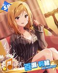  artist_request beamed_eighth_notes blush breasts brown_eyes brown_hair card_(medium) character_name character_signature cleavage idolmaster idolmaster_million_live! jpeg_artifacts long_hair medium_breasts momose_rio musical_note nail_polish official_art smile solo 