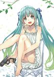  1girl :d bare_legs bare_shoulders barefoot blue_eyes blue_hair chair dress feet_on_chair glock gradient_hair green_hair gun hair_ribbon handgun knees_up long_hair multicolored_hair open_mouth original pistol ran'ou_(tamago_no_kimi) ribbon sitting smile solo sundress trigger_discipline twintails upskirt weapon white_dress 