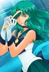  aqua_hair back_bow bishoujo_senshi_sailor_moon bow choker darax deep_aqua_mirror gloves kaiou_michiru neptune_symbol one-eyed sailor_neptune sailor_senshi_uniform sleeveless solo underwater white_gloves 