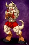  anthro biceps big_muscles black_nose bovine brown_fur bulge canine cattle clothed clothing fur green_eyes grey_fur half-dressed hooves horn hybrid leash male mammal modem_redpill muscles pecs pose shorts solo standing tight_clothing toned topless wolf 