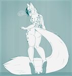  anthro back big_tail blue_eyes blush breasts butt canine cuteancuddly female glowing glowing_eyes hair looking_at_viewer looking_back mammal monochrome nipples nude short_hair side_boob sketch solo star tattoo tiptoes two_tone_hair vin vindictiivespet 