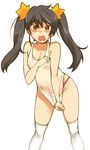  ashley_(warioware) bad_deviantart_id bad_id bikini black_hair blush commentary corn_syrup covering covering_crotch english_commentary fang highres long_hair looking_at_viewer open_mouth red_eyes simple_background skirt skirt_pull solo swimsuit thighhighs twintails warioware white_background white_legwear 