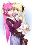  black_legwear blonde_hair blue_eyes blush breasts carrying cleavage fate_testarossa hair_ribbon highres hug long_hair long_sleeves lyrical_nanoha mahou_shoujo_lyrical_nanoha mahou_shoujo_lyrical_nanoha_a's mahou_shoujo_lyrical_nanoha_innocent medium_breasts multiple_girls open_mouth pants pink_hair ponytail private_kaisei_elementary_school_uniform red_eyes ribbon school_uniform short_sleeves signum sm318 smile thighhighs twintails vest 