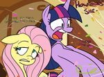  blue_eyes confetti cutie_mark dialog duo english_text equine female feral fluttershy_(mlp) friendship_is_magic hair horn horse inside mammal multi-colored_hair my_little_pony pink_hair pony purple_eyes purple_hair reiduran text twilight_sparkle_(mlp) unicorn 