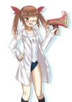  ;d absurdres brown_hair buruma clothes_writing glasses gym_uniform highres idolmaster idolmaster_cinderella_girls ikebukuro_akiha kazari_s kneehighs labcoat looking_at_viewer name_tag one_eye_closed open_clothes open_mouth shirt simple_background smile solo sportswear twintails white_background white_shirt 
